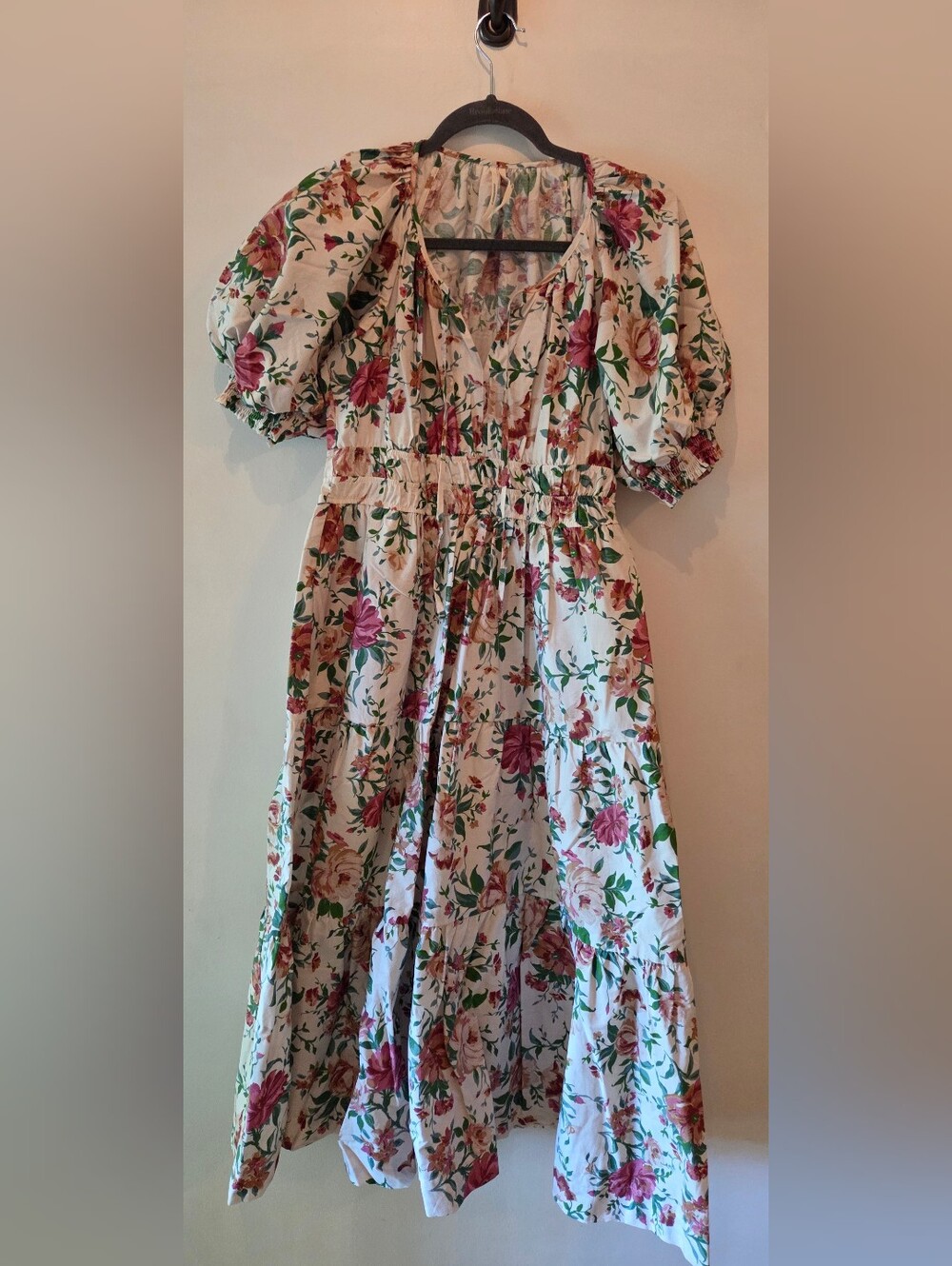 Anthropologie Cream Floral Puff-Sleeve Midi Dress - Pink & Green